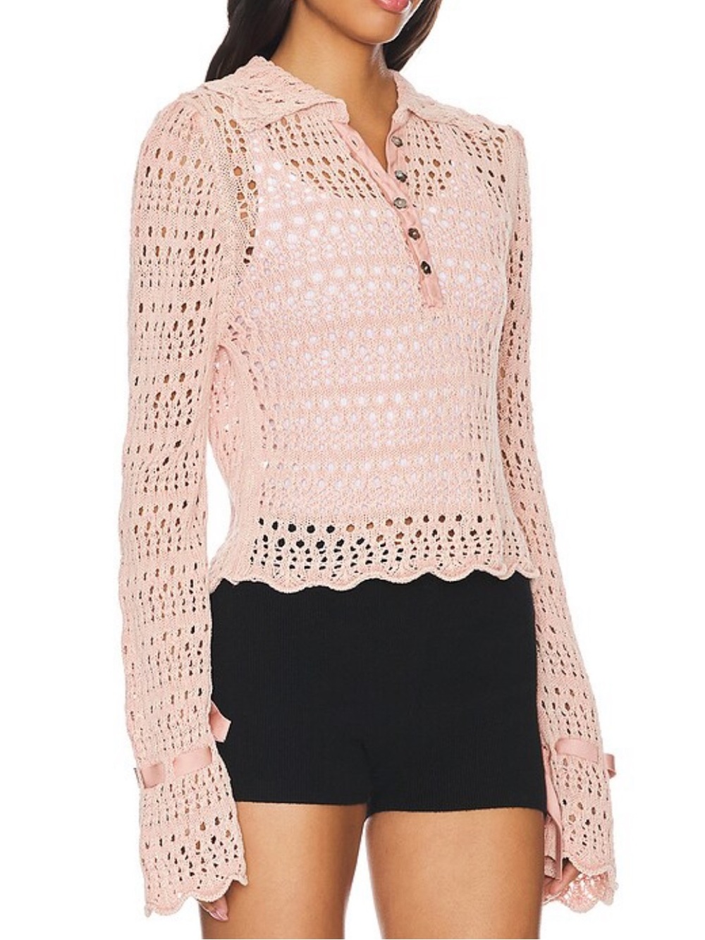 Free People Pink Pointelle Pullover in Mauve Rose lightweight beachwear flutter